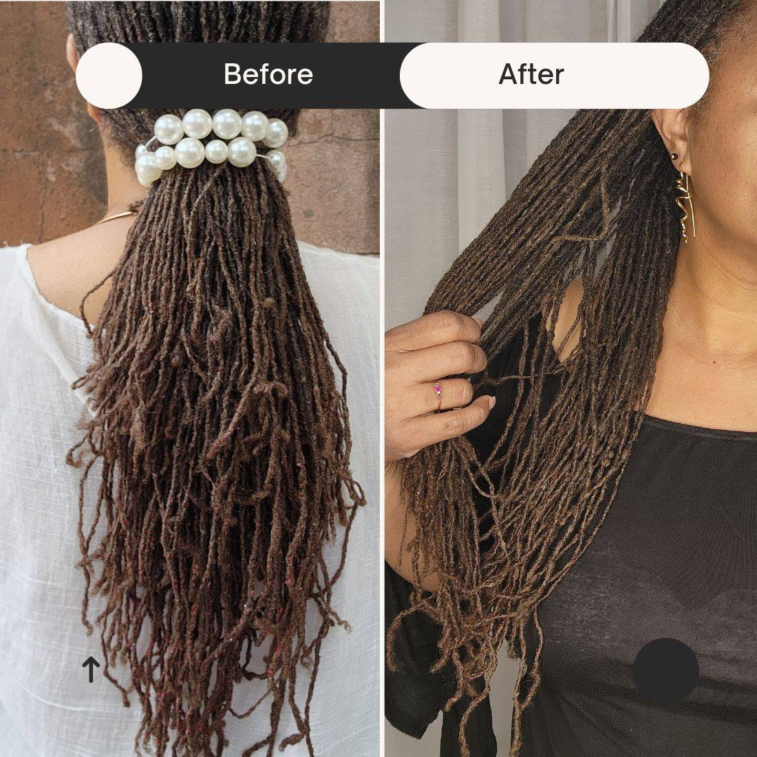 Before and after comparison of locs using the loc lint remover brush. Noticeably cleaner and well-groomed locs after lint removal.