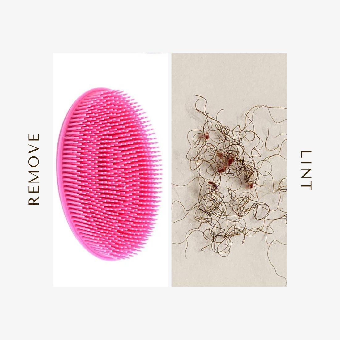 Pink silicone loc lint remover brush shown next to collected lint and hair strands. Perfect tool for keeping locs lint-free and clean.