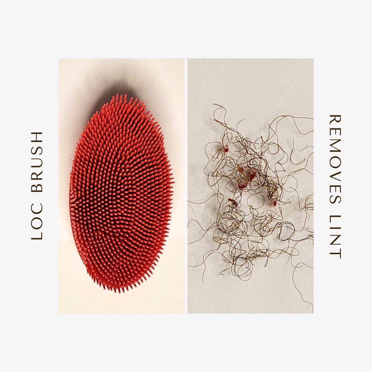 Red silicone loc lint remover brush with fine bristles, shown next to collected lint and hair strands. Ideal for removing lint from locs.