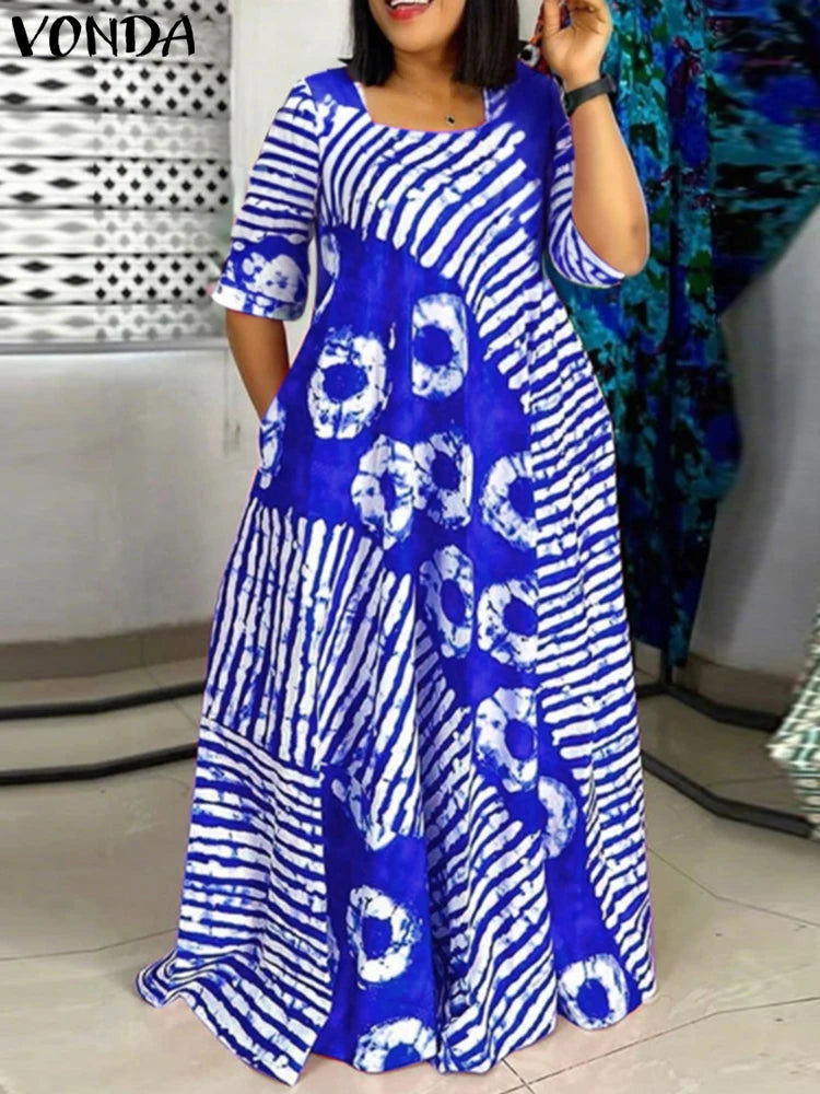 Tie-Dye Maxi Jurk met Strepen – Elegante Afrikaanse Stijl in Verschillende Kleuren