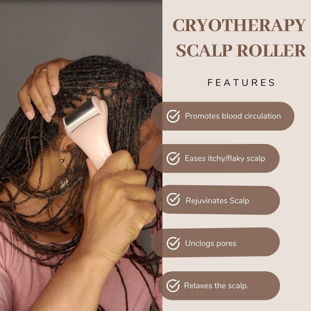 Cryotherapy Scalp Roller promotional image showcasing benefits such as improved blood circulation, unclogged pores, and scalp relaxation.