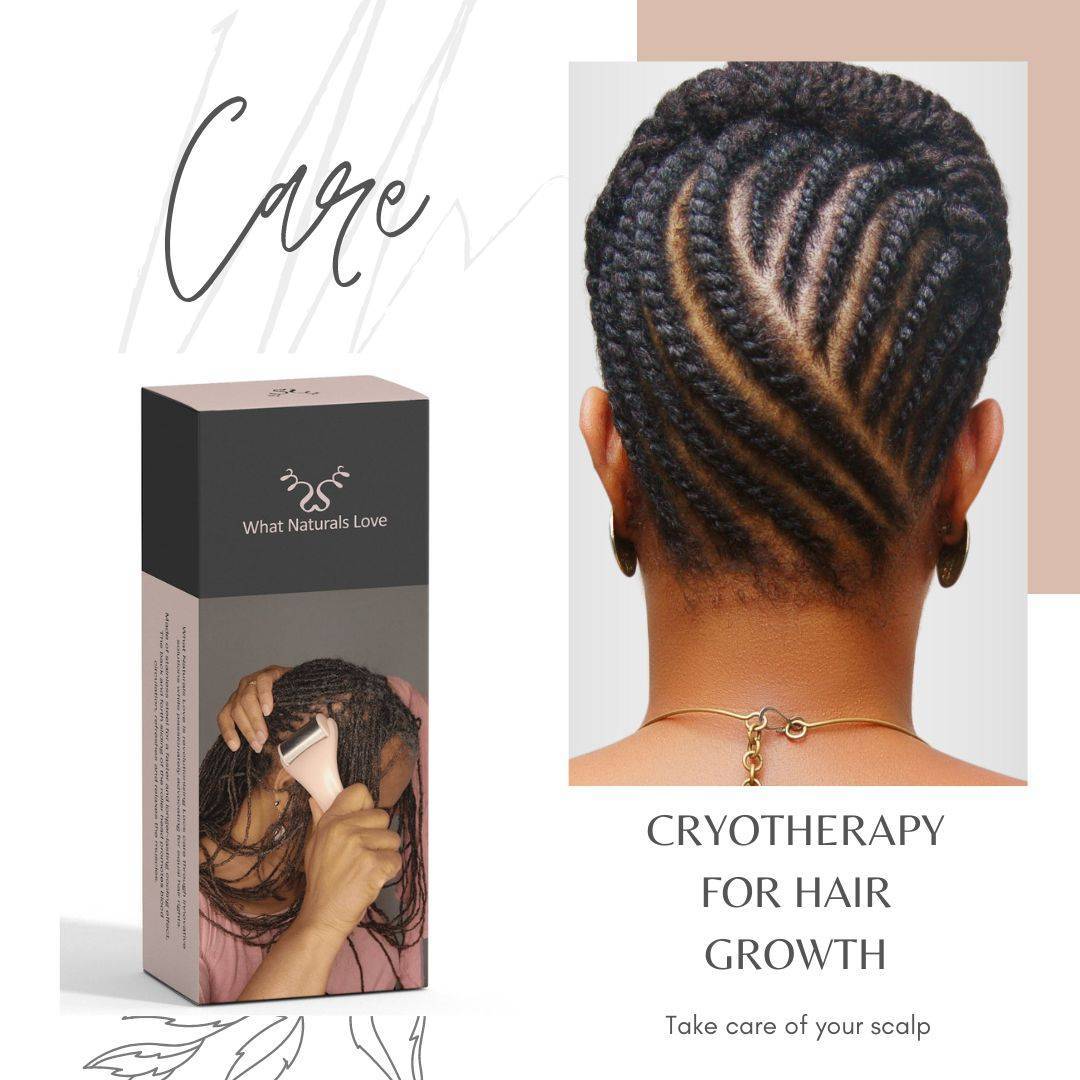 Infographic highlighting the benefits of the cryotherapy scalp roller, including improved circulation and scalp relaxation.