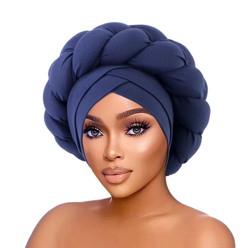 Donkerblauwe Hoofddoek met Vlechteffect – Luxe & Kant-en-klaar