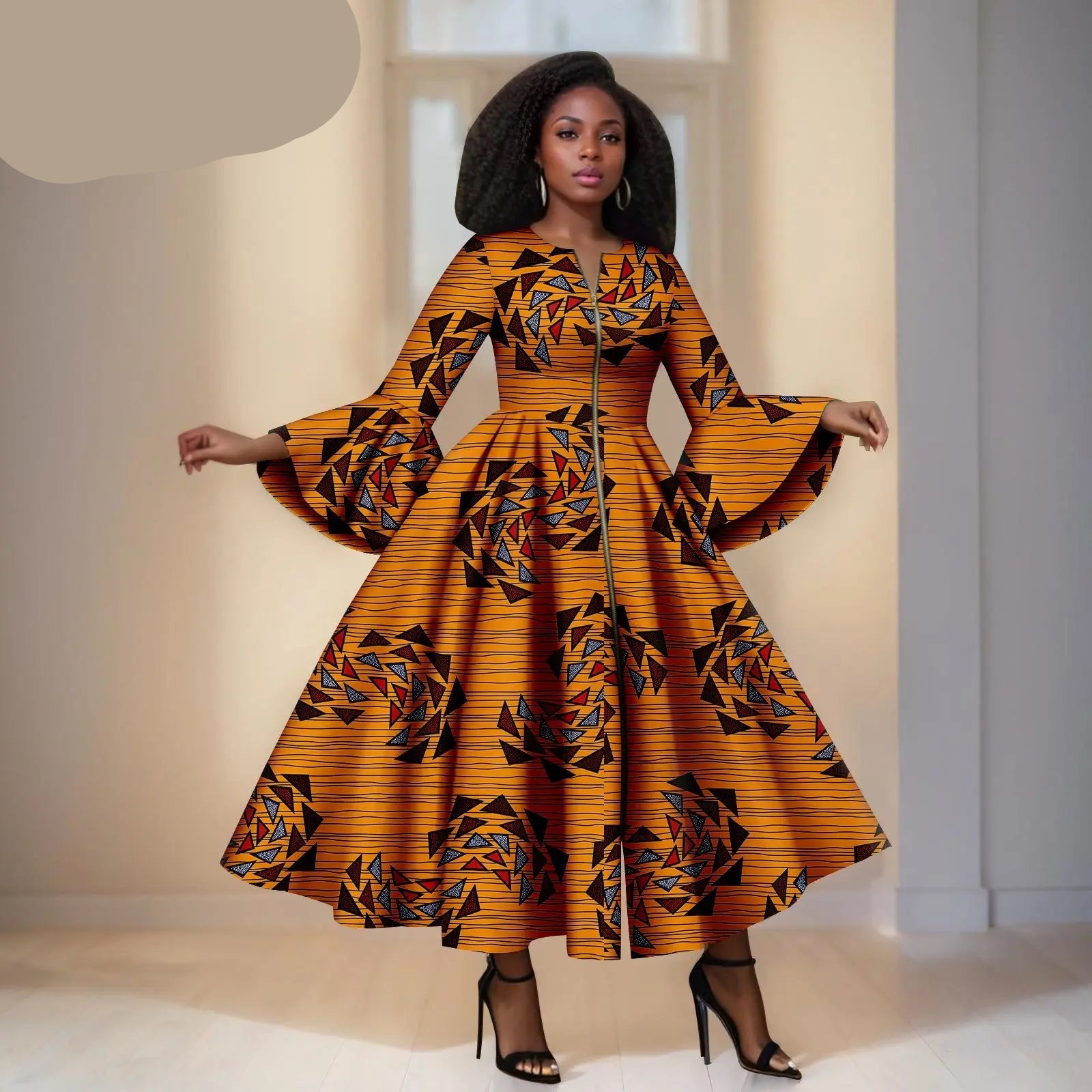 Gele Ankara Jurk met Rechthoekige Details- Rechthoekige - Wijden Mauwen & RitsDetail