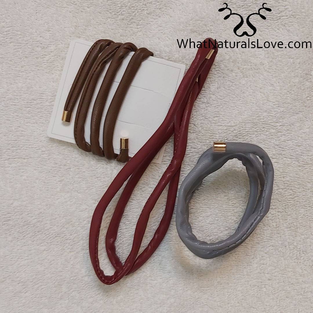 Set of non-damaging ponytail holders in brown, red, and gray. Designed for locs, dreadlocks, braids, and sisterlocks, ensuring a secure hold.