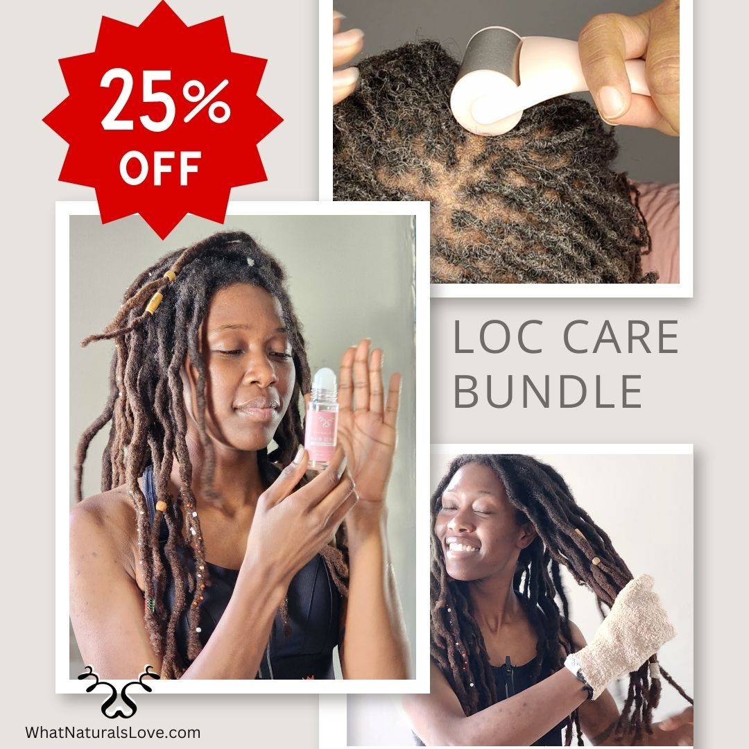 What Naturals Love Loc Care Bundle with 25% off discount, featuring a cryotherapy scalp roller and hair serum for scalp care and hair growth.