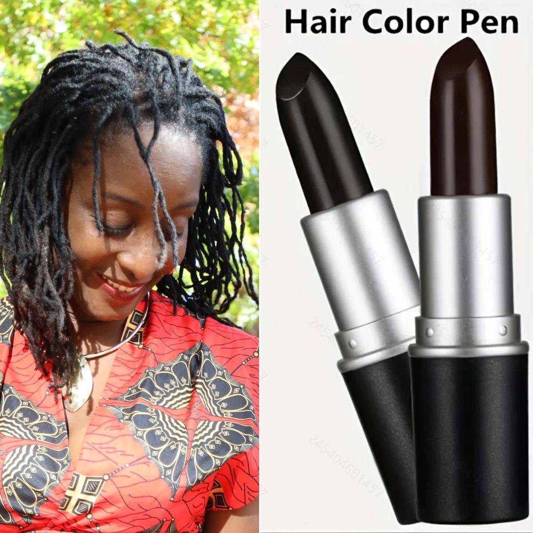 Hair Color Pen in black and brown shades, shaped like a lipstick for quick grey hair coverage. Perfect for touch-ups and natural blending.