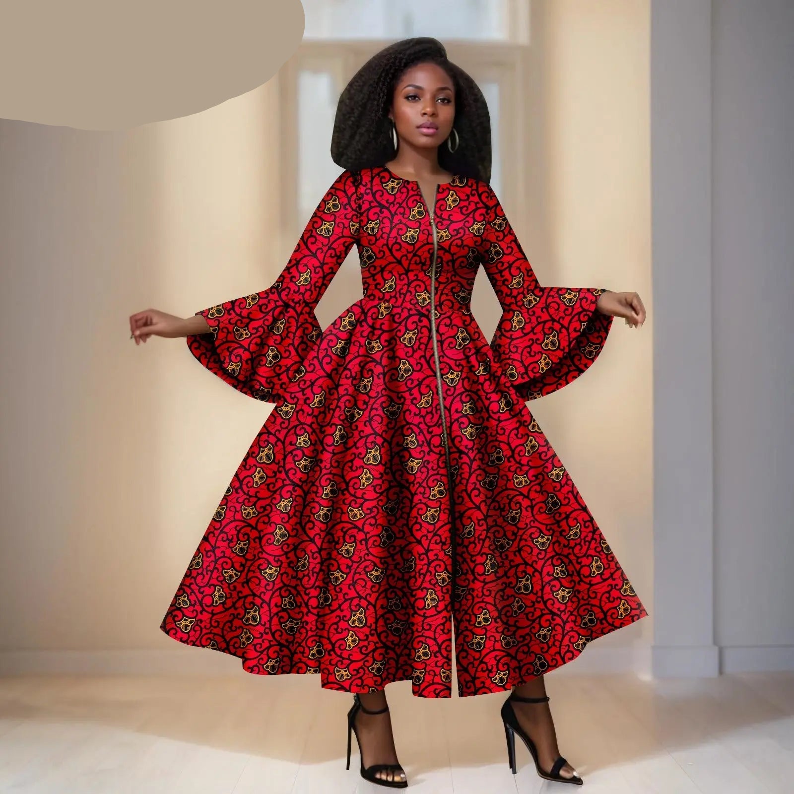 Rode Ankara Jurk met Details- Wijde Mouwen & Ritsdetail