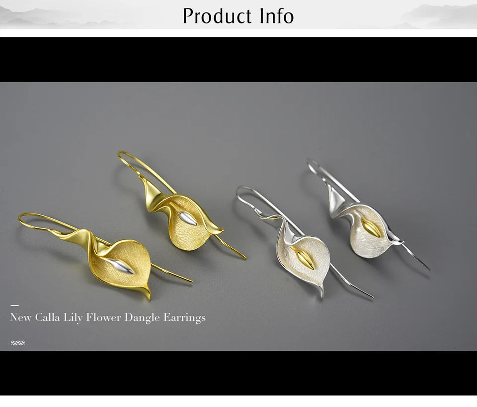 Lotus Fun 18K Gold Long Hanging New Calla Lily Flower Dangle Earrings for Women Real 925 Sterling Silver Luxury Fine Jewelry