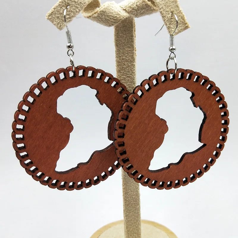 African Map Engraved Wooden Earrings Chevron Drop