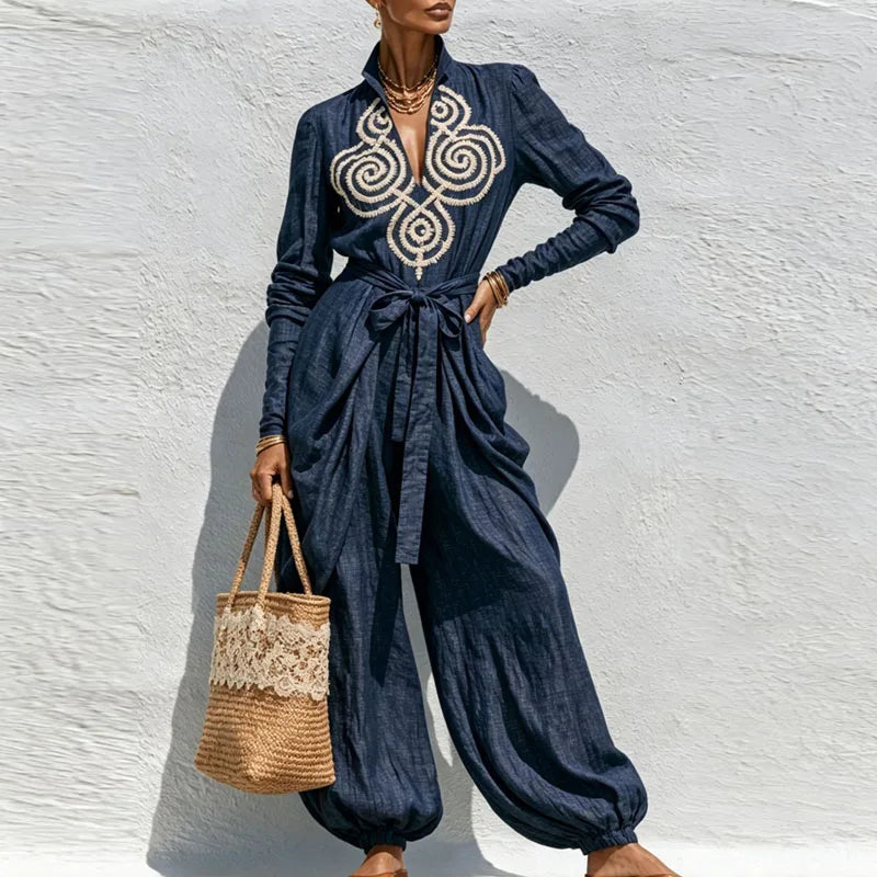 Boho Chic Geborduurde Polyester Jumpsuit – Statement Set met Strikeluxus