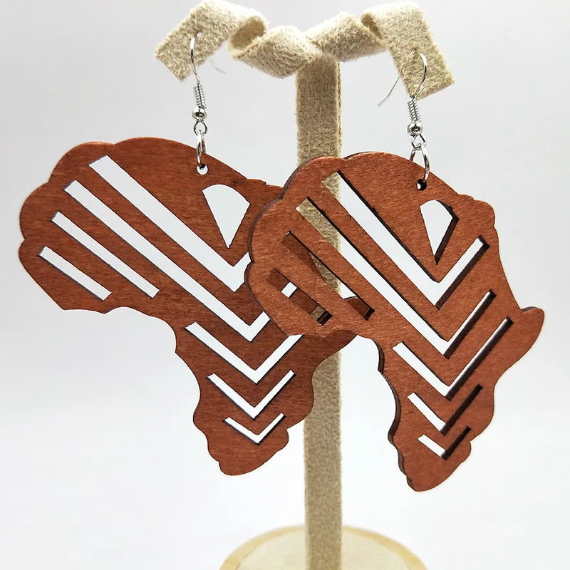 African Map Engraved Wooden Earrings Chevron Drop