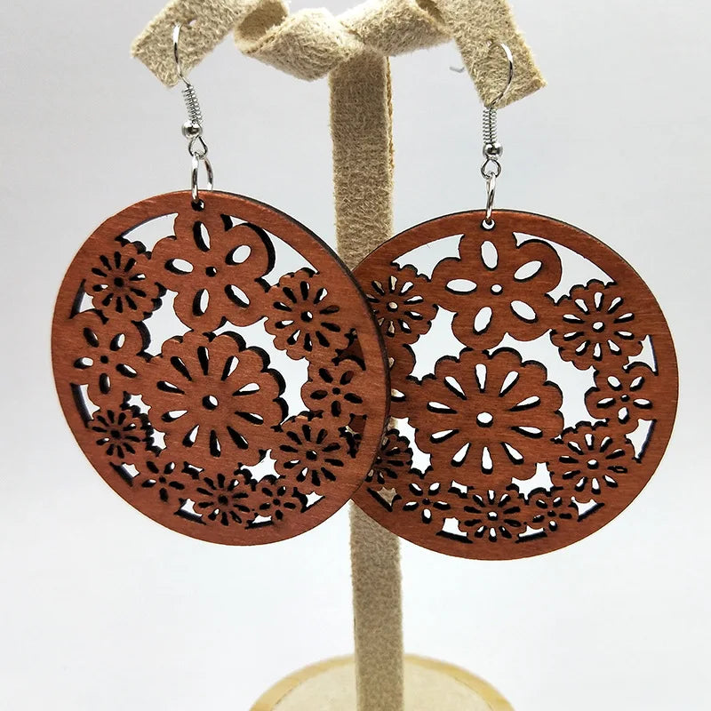 African Map Engraved Wooden Earrings Chevron Drop