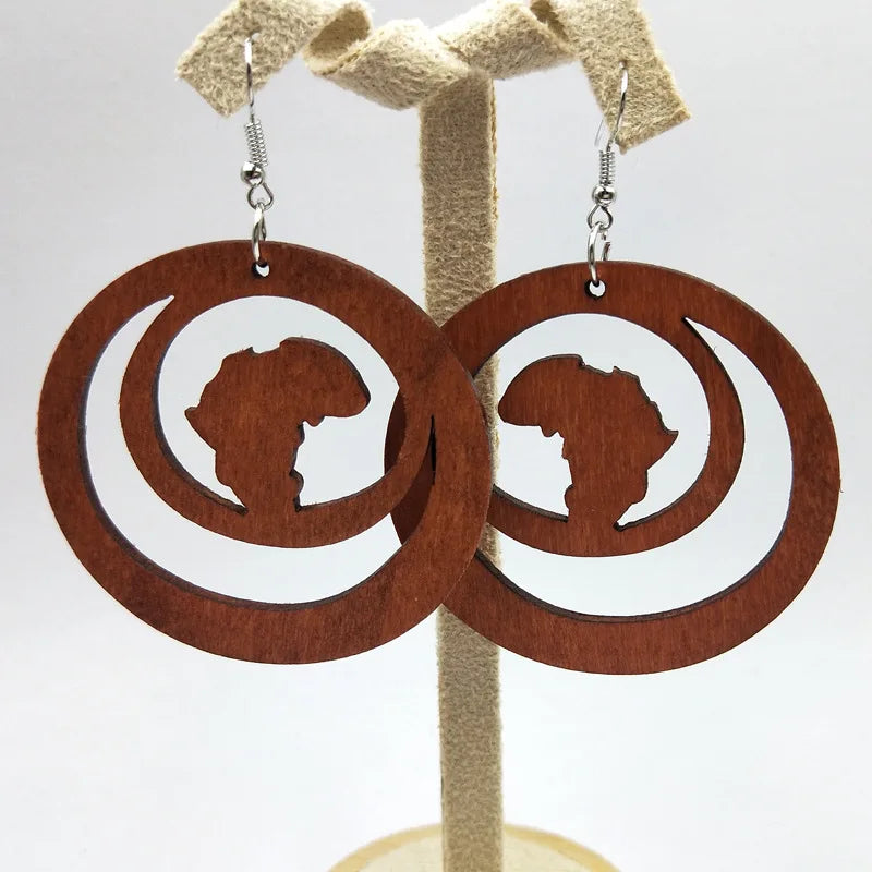 African Map Engraved Wooden Earrings Chevron Drop