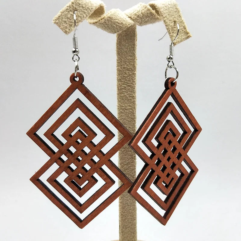 African Map Engraved Wooden Earrings Chevron Drop