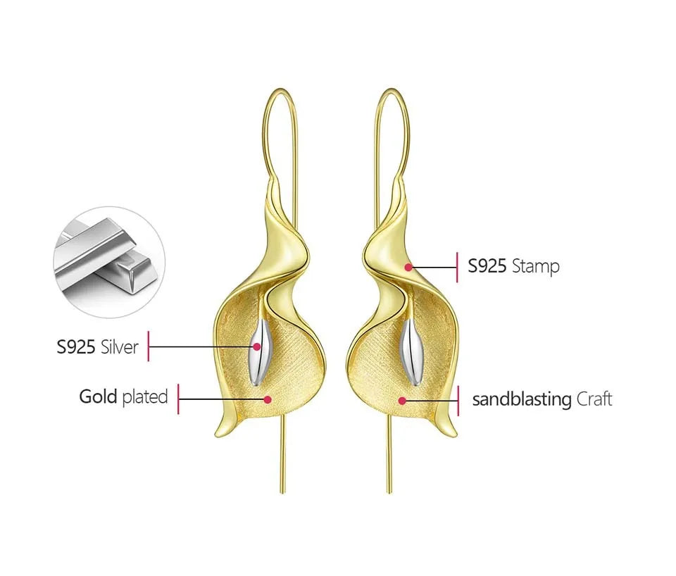 Lotus Fun 18K Gold Long Hanging New Calla Lily Flower Dangle Earrings for Women Real 925 Sterling Silver Luxury Fine Jewelry