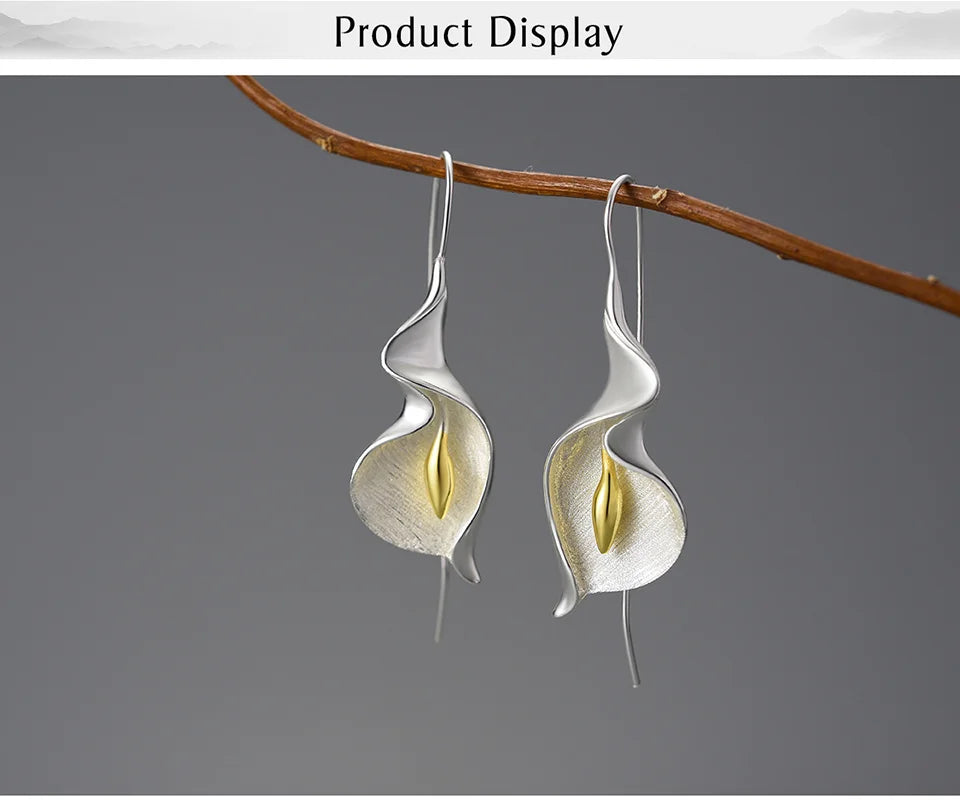 Lotus Fun 18K Gold Long Hanging New Calla Lily Flower Dangle Earrings for Women Real 925 Sterling Silver Luxury Fine Jewelry