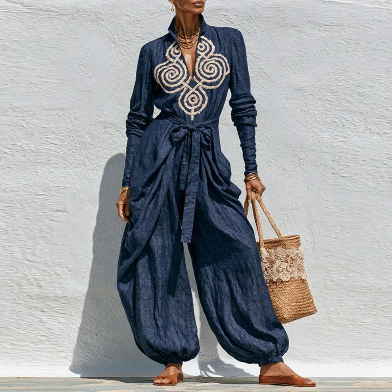 Boho Chic Geborduurde Polyester Jumpsuit – Statement Set met Strikeluxus