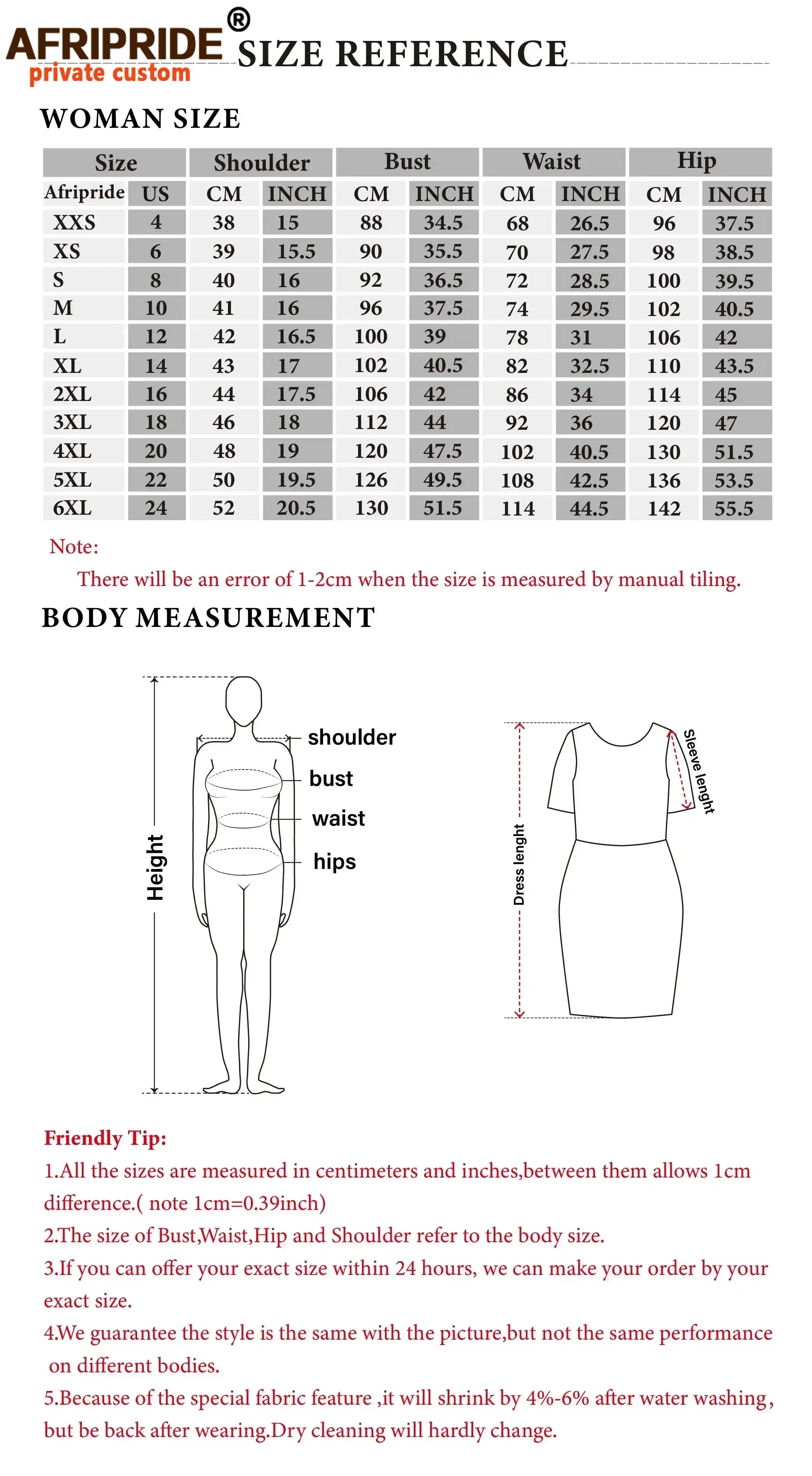 Size Chart voor de Ankara Jurk