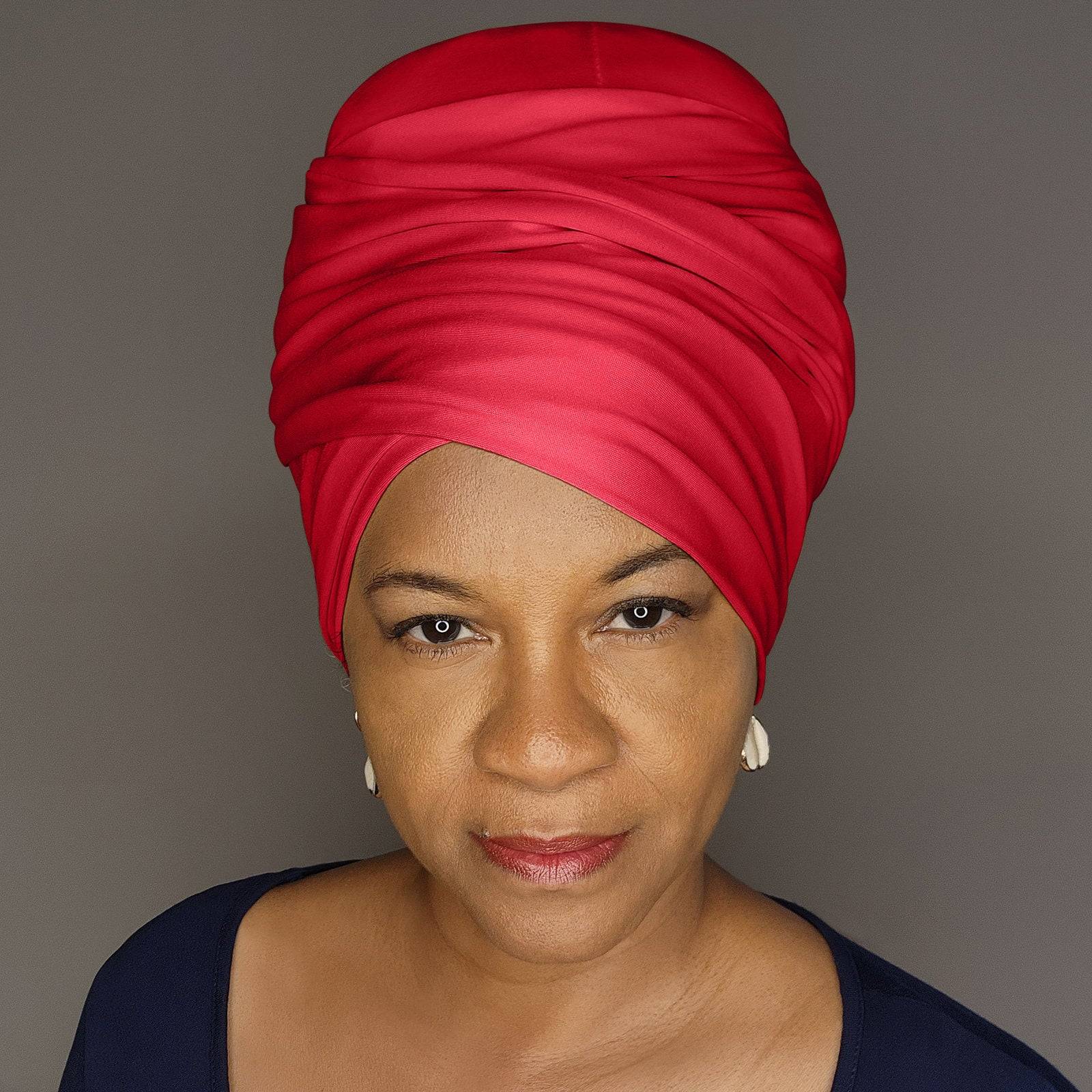 Bright red tube headwrap for locs, sisterlocks, and dreadlocks. A fashionable and comfortable hair accessory for women.
