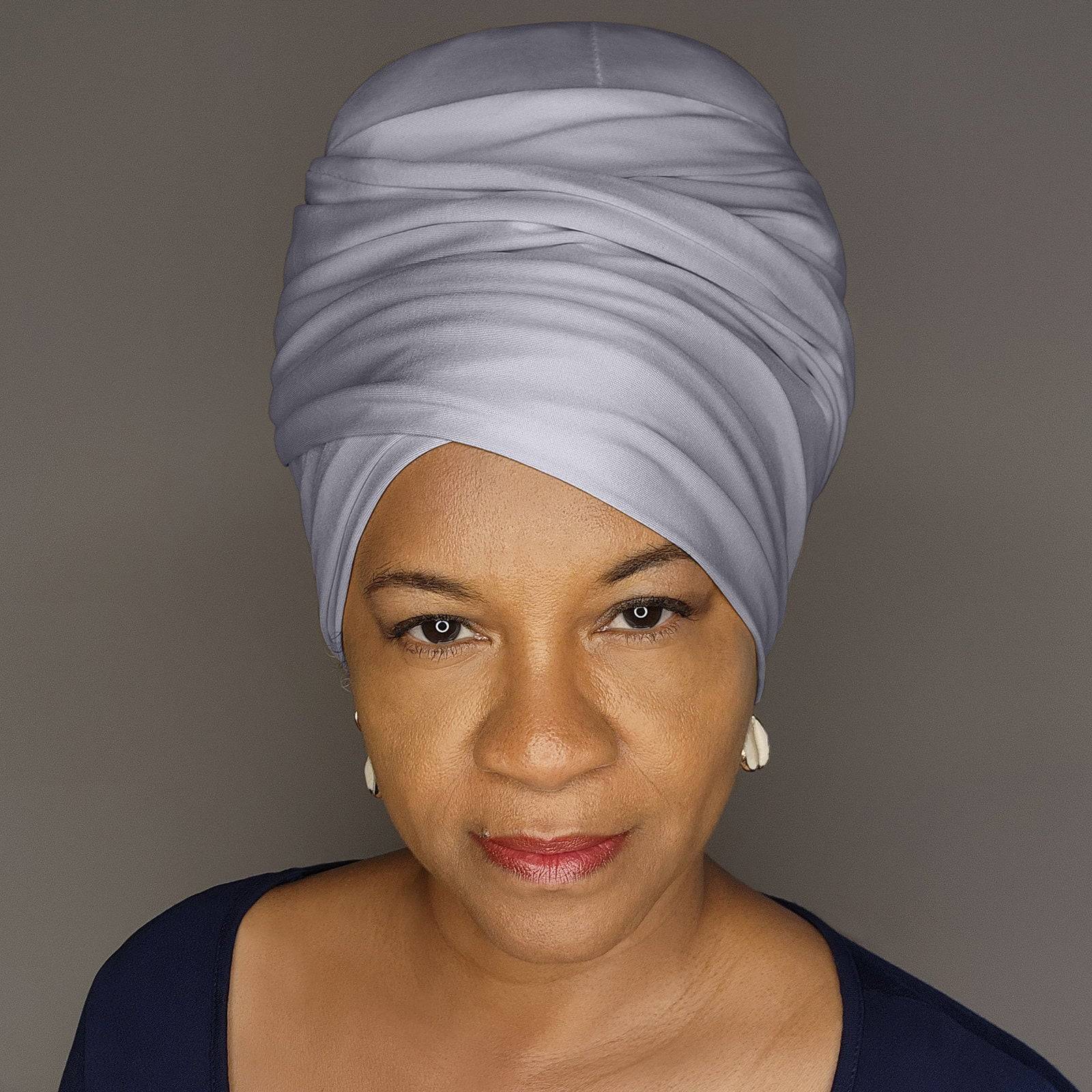 Elegant silver tube headwrap for locs, sisterlocks, and dreadlocks. A sophisticated and stylish headwear option.