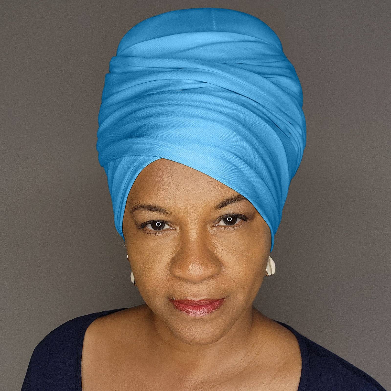 Sky blue tube headwrap for locs, sisterlocks, and dreadlocks. A vibrant and stylish headwear option for natural hair.