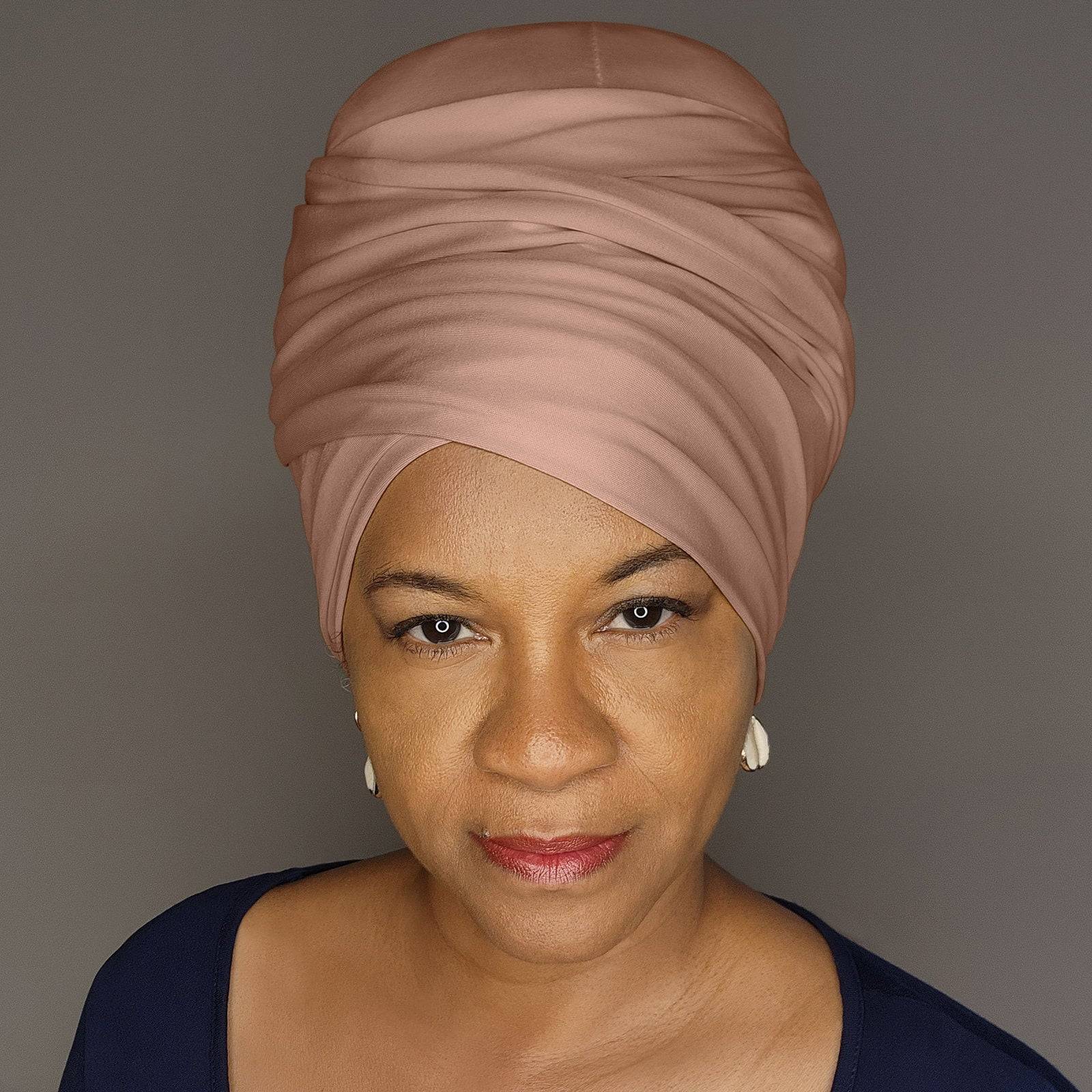 Soft brown tube headwrap for locs, sisterlocks, and dreadlocks. A neutral and stylish headwear option for natural hair.