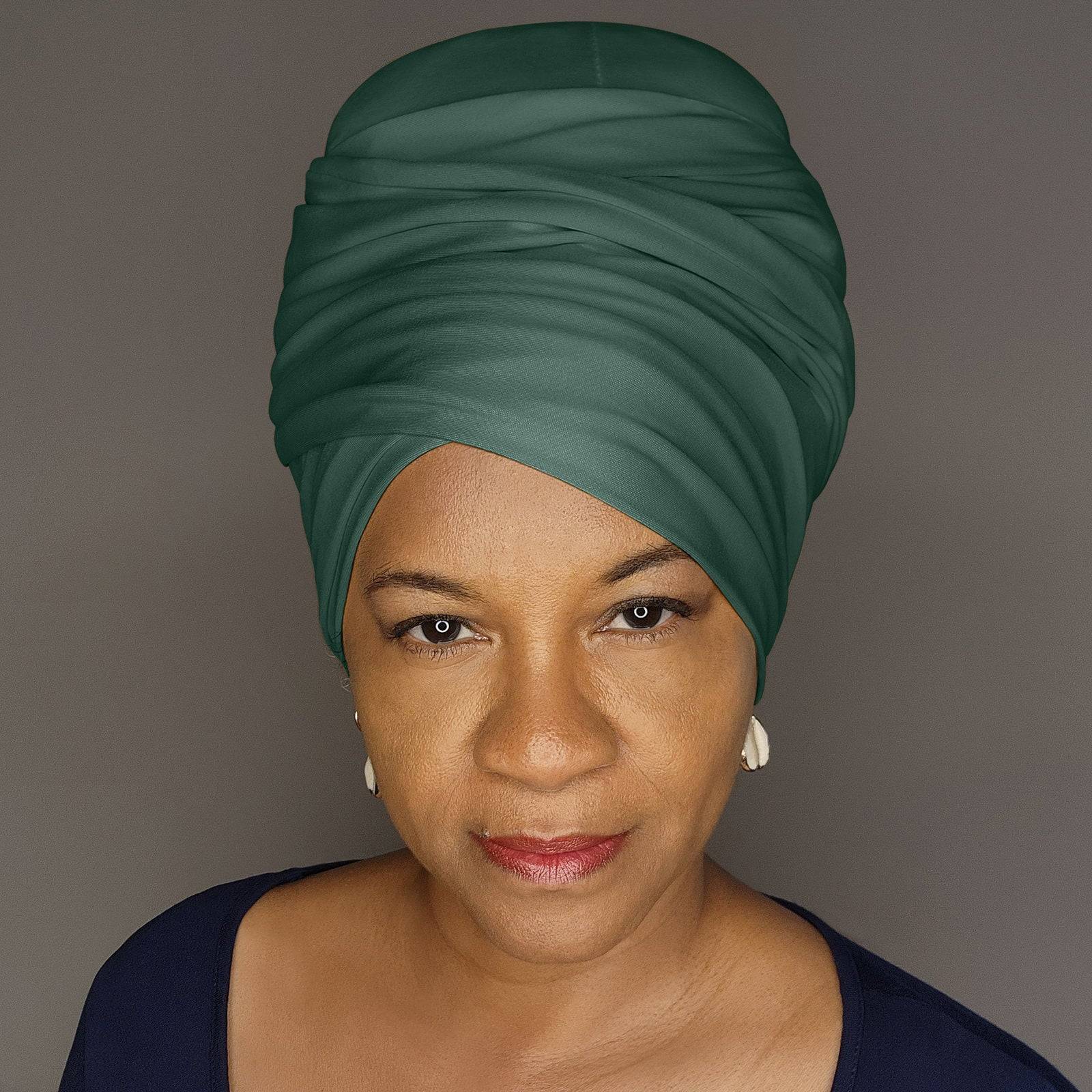 Deep green tube headwrap for locs, sisterlocks, and dreadlocks. A stylish and protective hair accessory for any occasion.