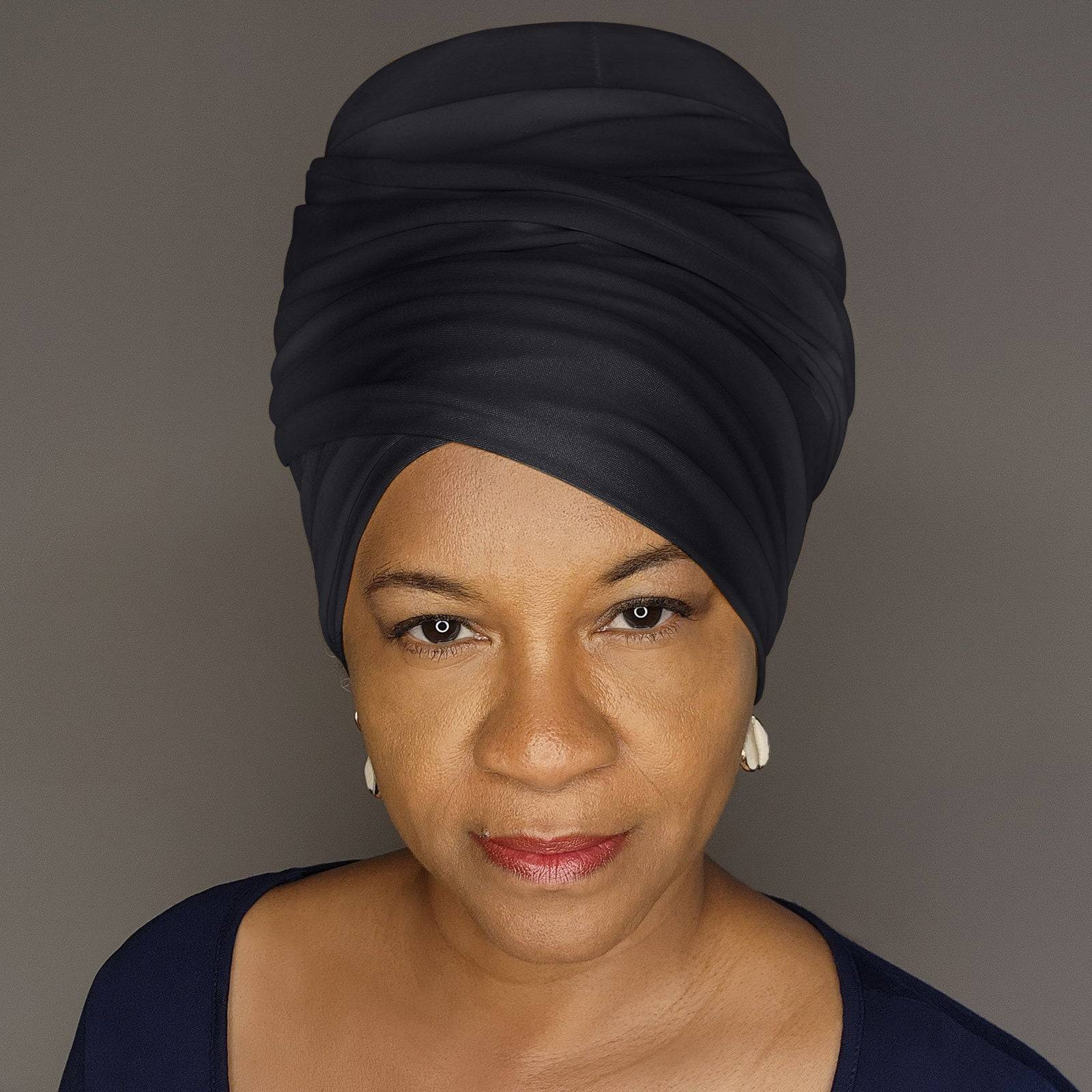 Classic black tube headwrap for locs, sisterlocks, and dreadlocks. A timeless and versatile hair accessory for all styles.