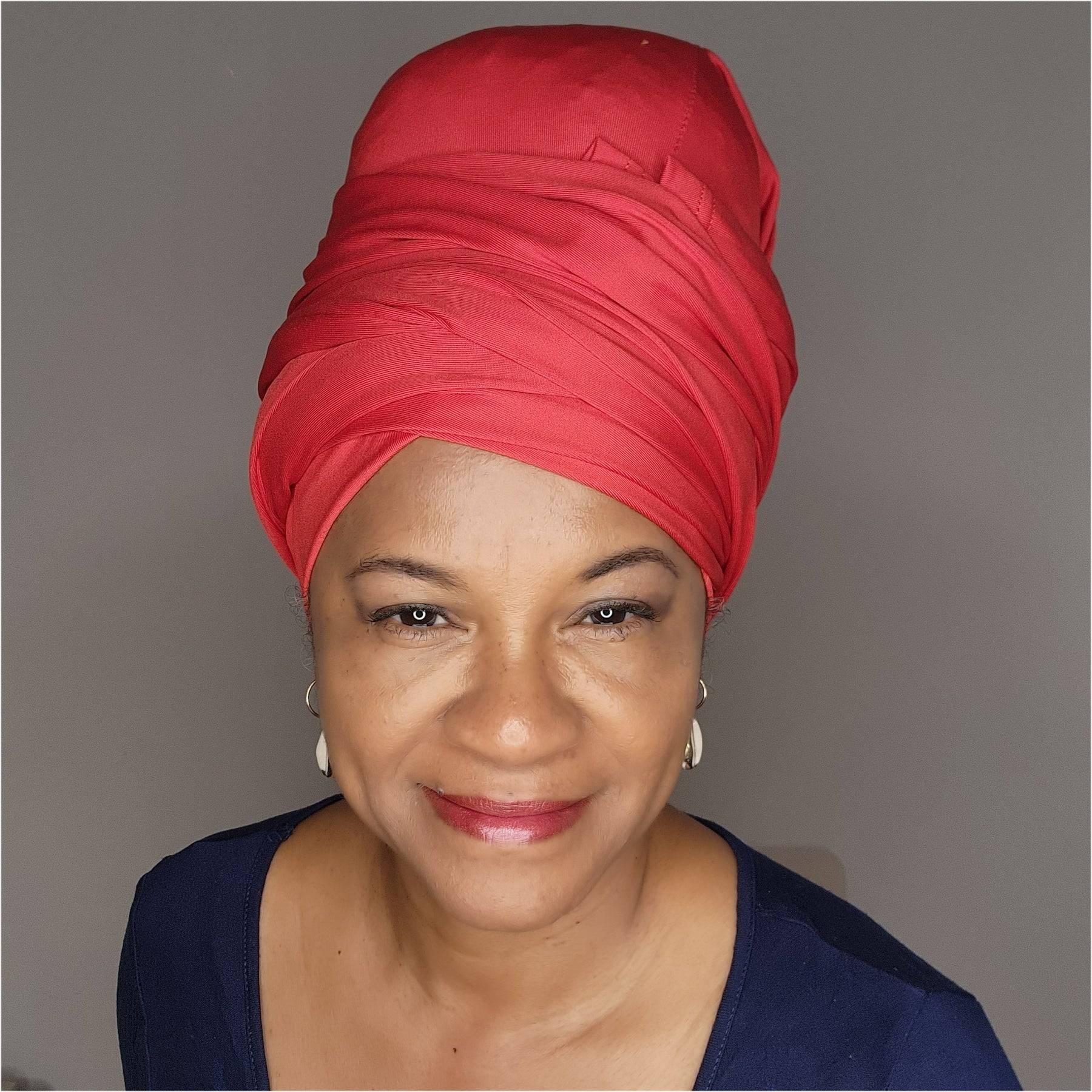 Bright red tube headwrap for locs, sisterlocks, and dreadlocks. A fashionable and comfortable hair accessory for women.