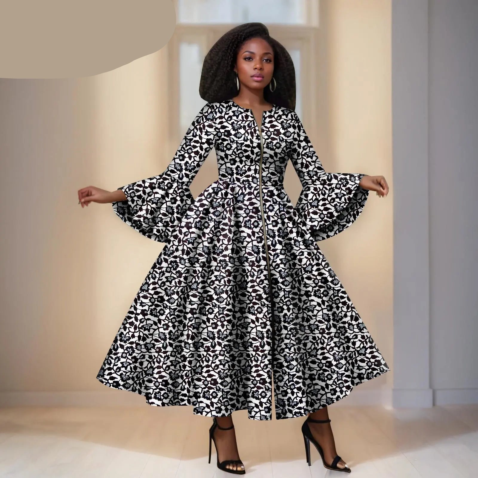 Witte Ankara Jurk met Zwarte Bloemen- Wijde Mouwen & Ritsdetail