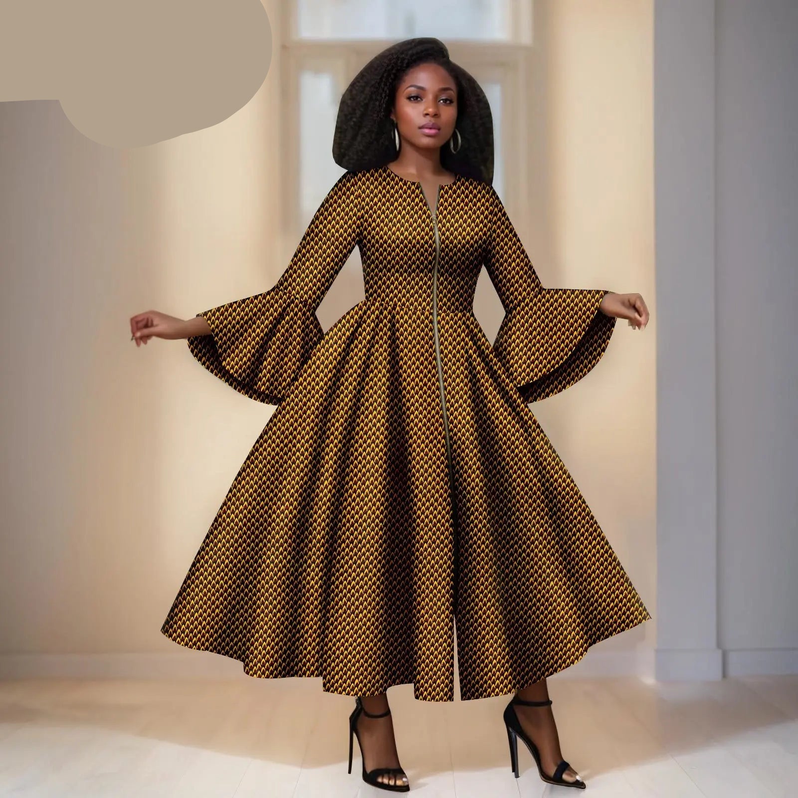 Zwarte Ankara Jurk met Gele Strepen- Wijden Mauwen & RitsDetail