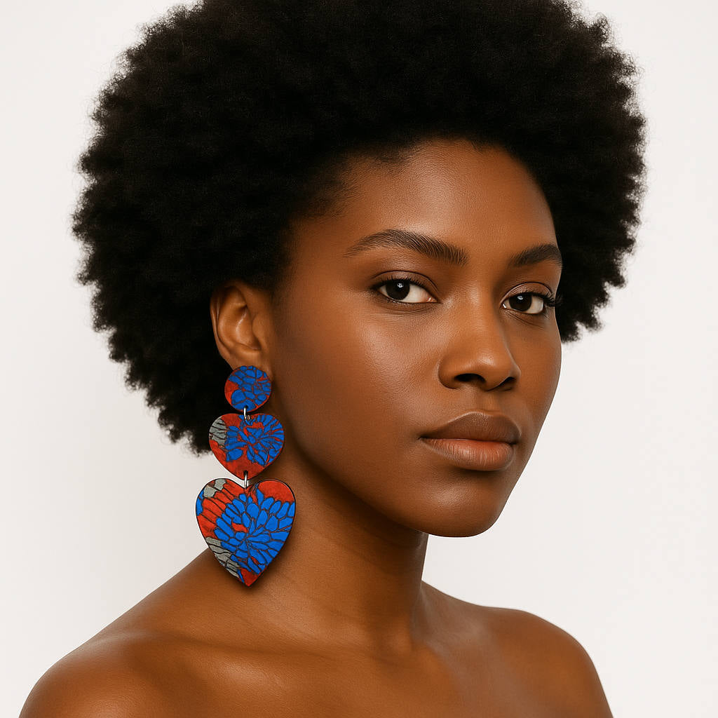 Ankara fabric heart earrings blue