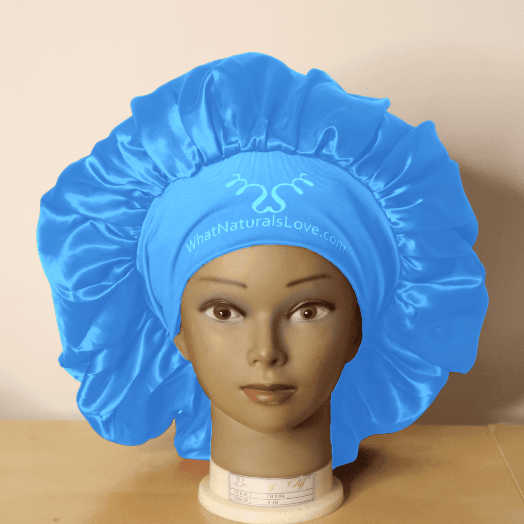 Super Comfi Large Satin Bonnet for Locs in vibrant blue on a mannequin. Designed to protect braids, locs, and natural hair while maintaining moisture.