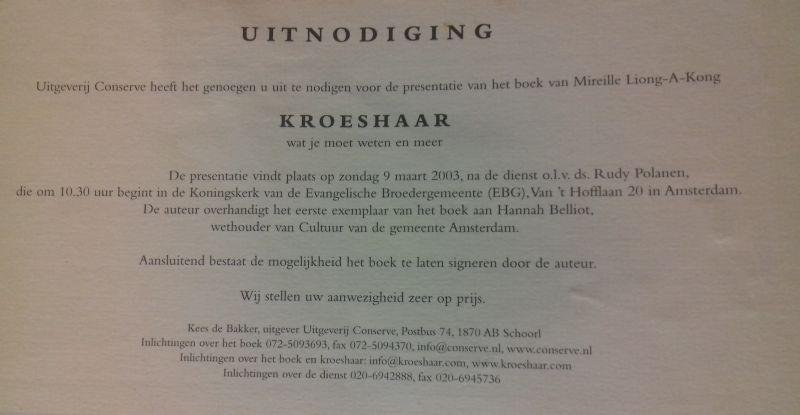 uitnodiging boekpresentatie 2003 kroeshaar
