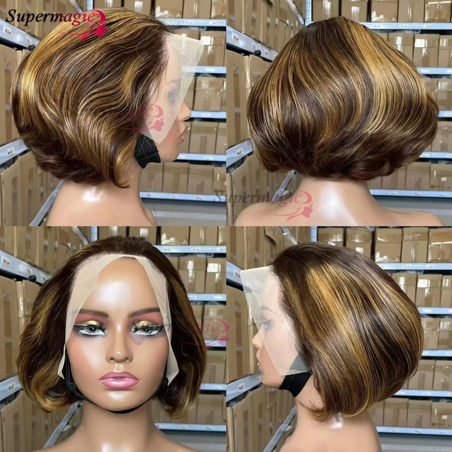 Luxe Gelaagde Bob Wig met Honey Blonde Highlights - 100% Remy Menselijk Haar - Glueless