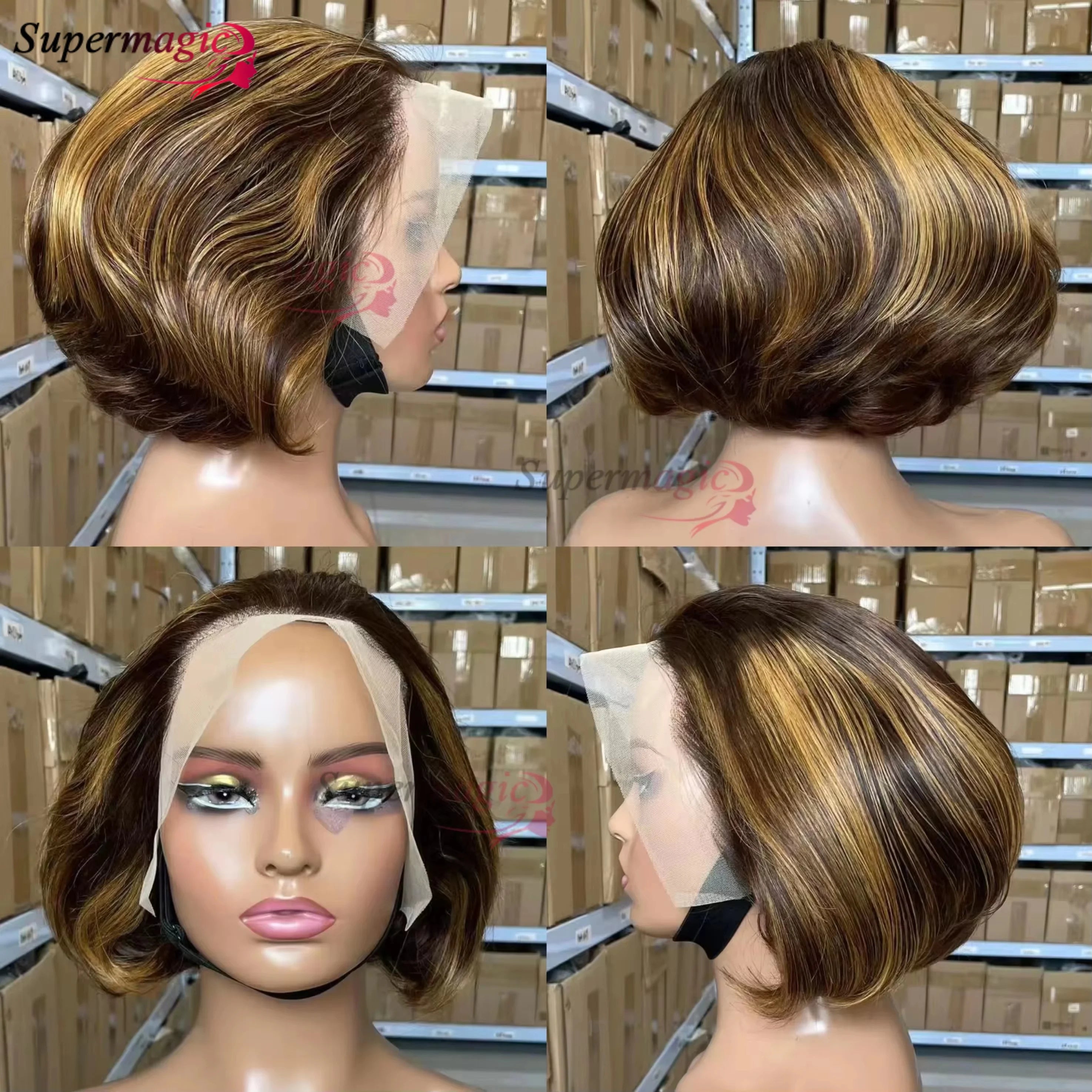 Luxe Gelaagde Bob Wig met Honey Blonde Highlights - 100% Remy Menselijk Haar - Glueless