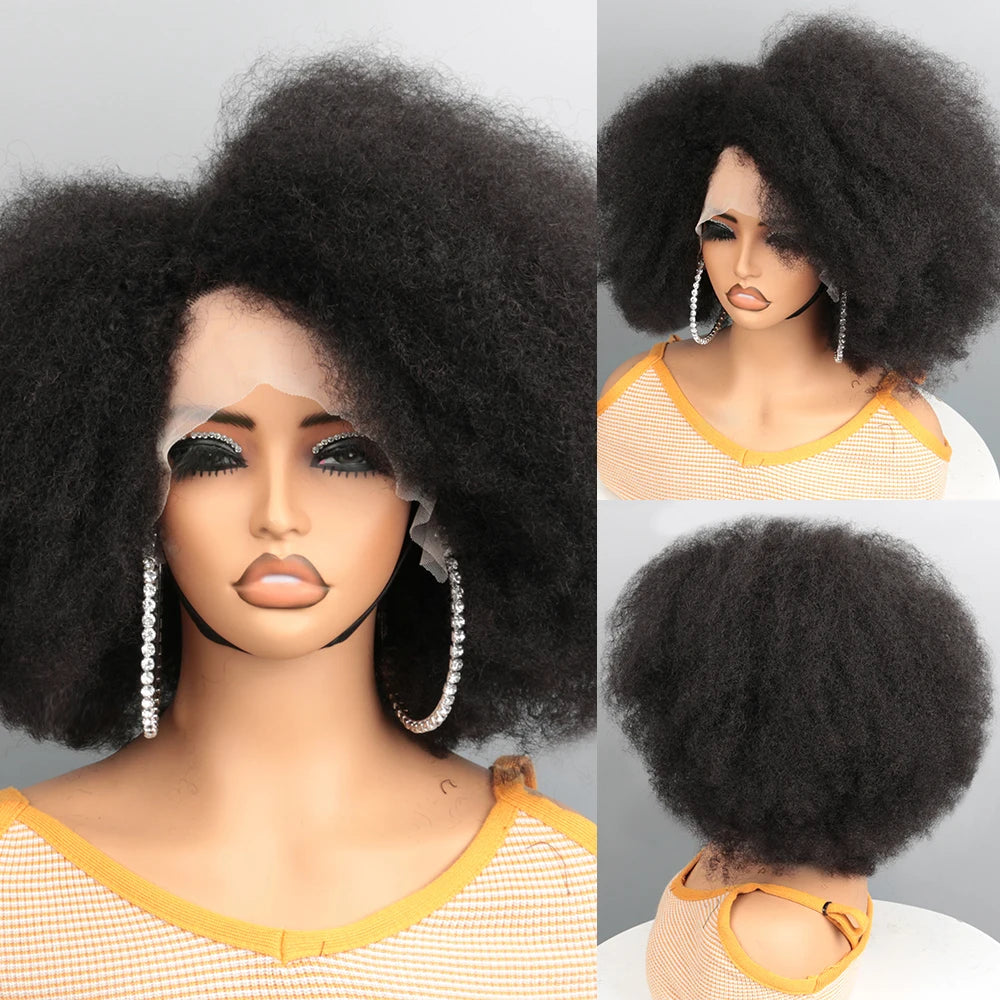 De Afro Pruik met Lace Front &amp; Wig Cap van verschillende kanten te zien 