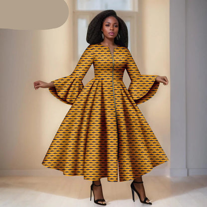 Ankara Jurk in Geel met  Zwarte Details- Wijden Mauwen &amp; RitsDetails