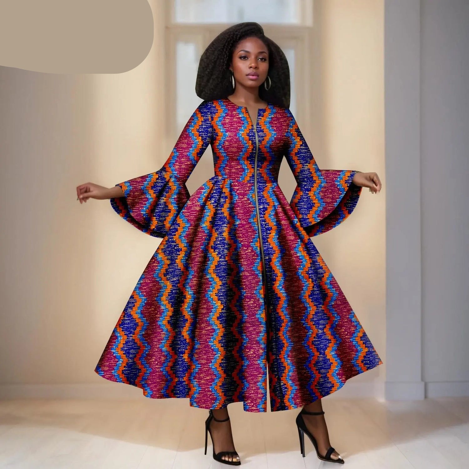 Ankara Jurk in de Kleuren Paars, Roze, Blauw en Oranje - Wijden Mauwen &amp; RitsDetail