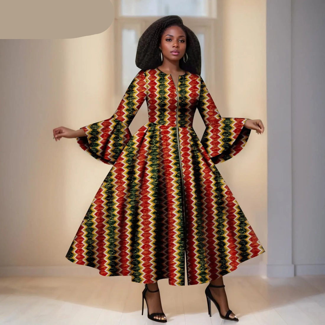 Ankara Jurk in de kleuren Groen, Geel en Rood – Wijde Mouwen &amp; Ritsdetail