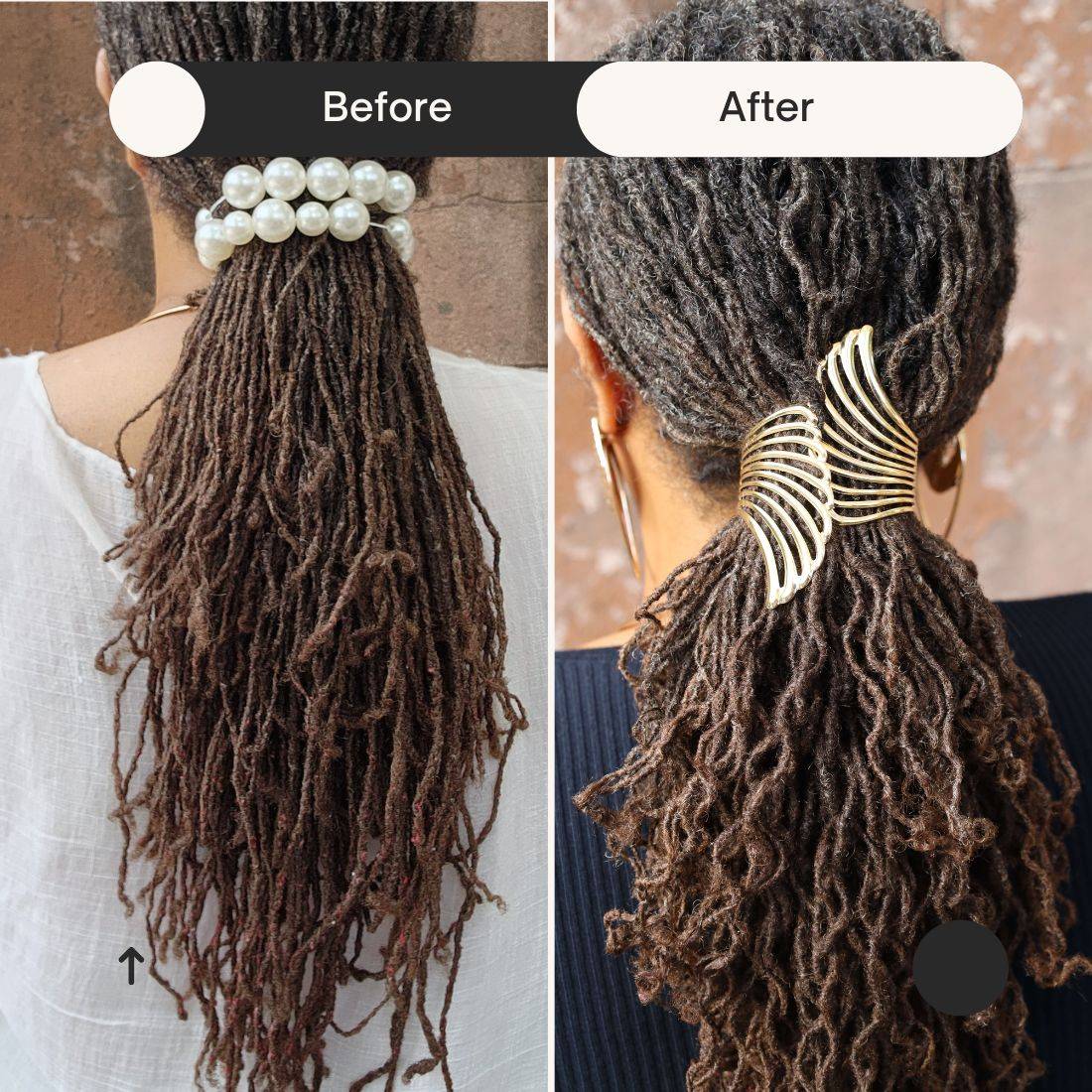 Side-by-side before and after images of locs, showing improved cleanliness and reduced lint after using the loc lint remover brush.