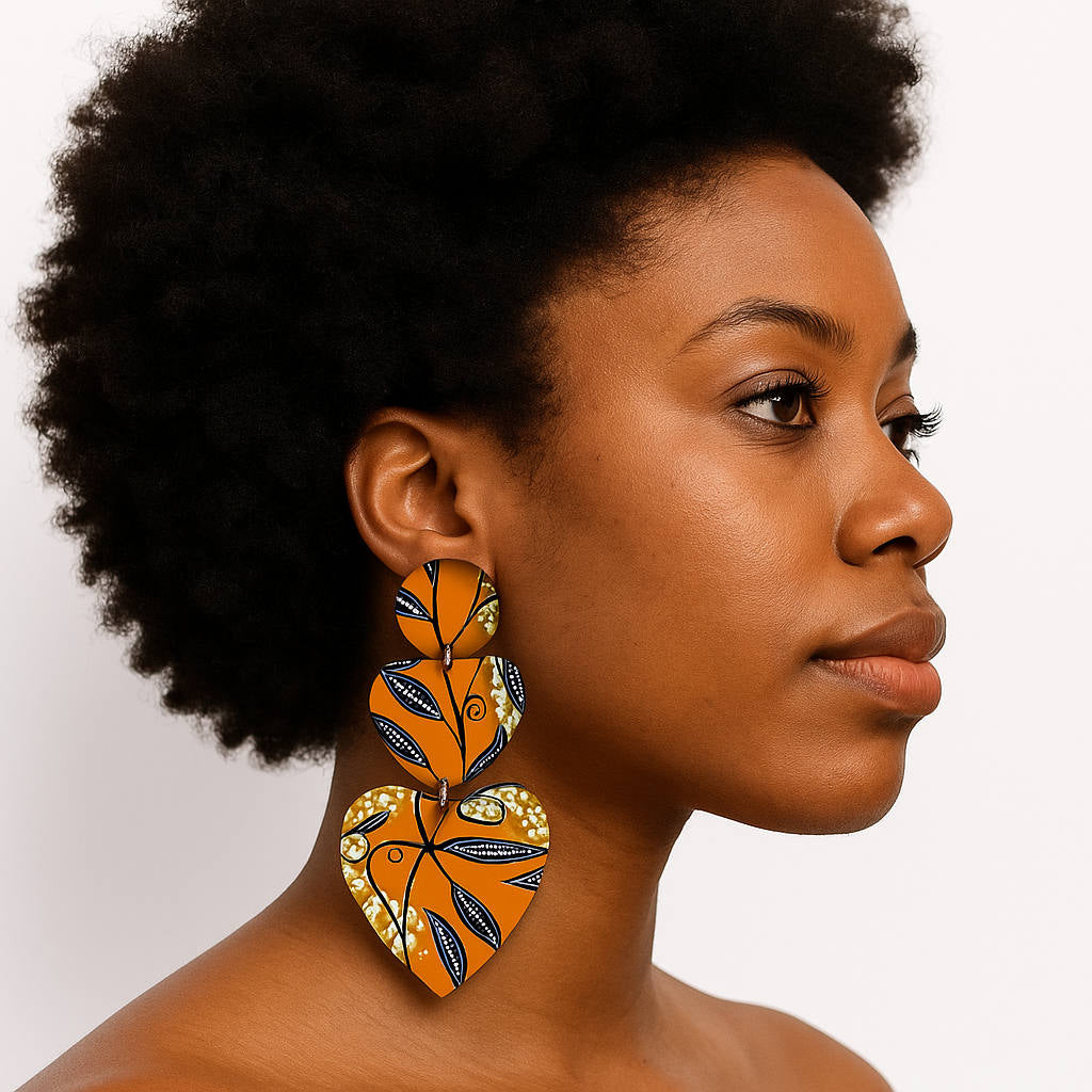 Ankara Fabric Heart Earrings Orange