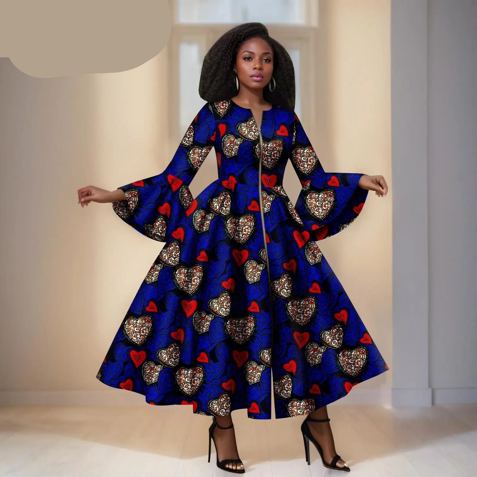 Blauwe Ankara Jurk met Gekleurde Hartjes 