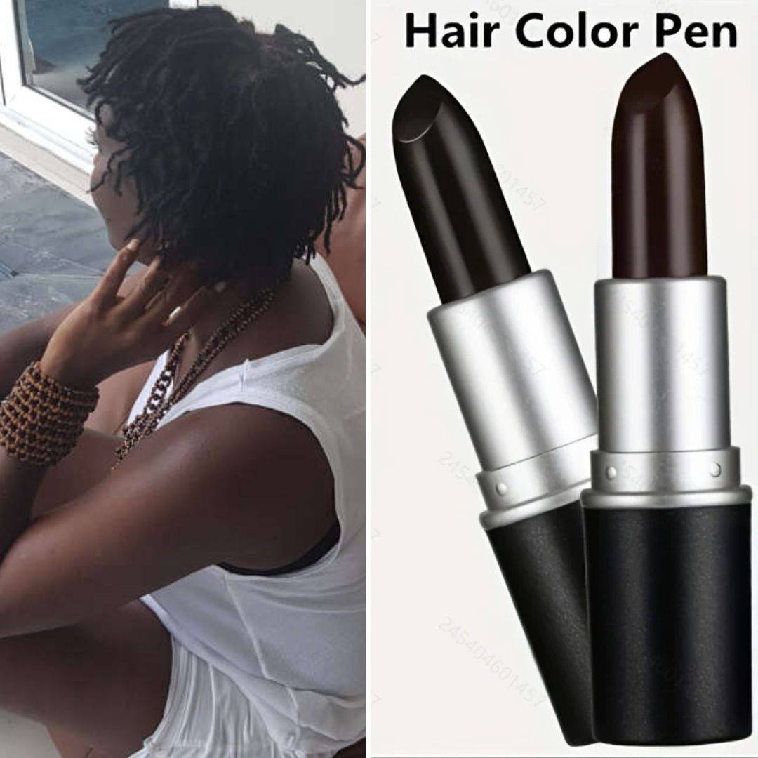 Cover Your Grey Hair Pen in black and brown shades, designed like a lipstick for easy application. Ideal for covering grey hair instantly.