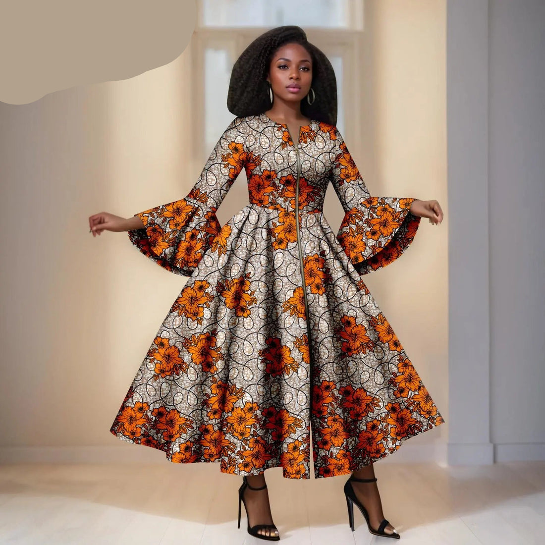Creme Ankara jurk met Oranje Bloemen en Zwarte Details - Wijden Mauwen &amp; RitsDetails
