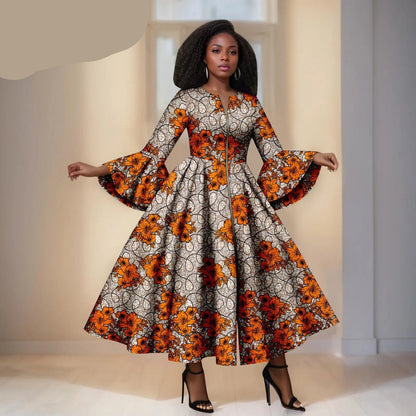 Creme Ankara jurk met Oranje Bloemen en Zwarte Details - Wijden Mauwen &amp; RitsDetails