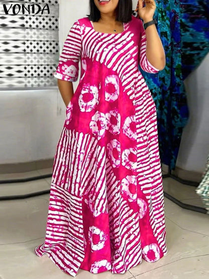 Tie-Dye Maxi Jurk met Strepen &amp; Rondjes Elegante Afrikaanse Stijl