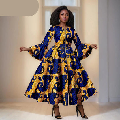 Gele Ankara Jurk met Donkerblauwe Figuren - Wijden Mauwen en RitsDetail