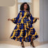 Gele Ankara Jurk met Donkerblauwe Figuren - Wijden Mauwen en RitsDetail